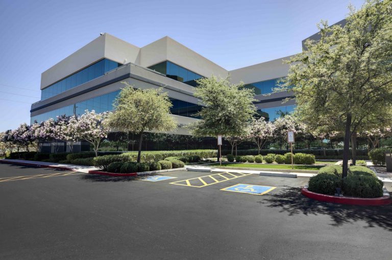 A clean parking lot showcasing Clintar’s parking lot maintenance services.